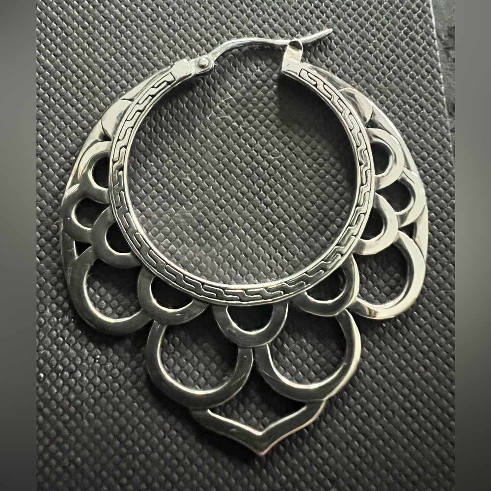 John Hardy silver lotus flower hoop earring.
